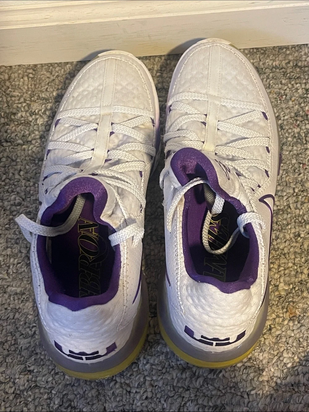 Nike Men's White and Purple Sneakers with Yellow Sole